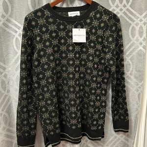 LIZ CLAIBORNE Sweater Womens Medium- Snowflake Pullover Black Metallic Gold NEW